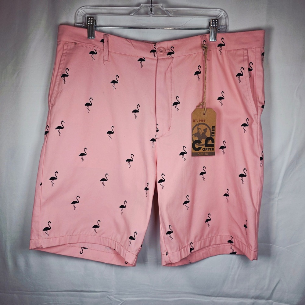 Copper Denim Flamingo Print Shorts Mens 38 Pink Navy CD16055RS Flat Front